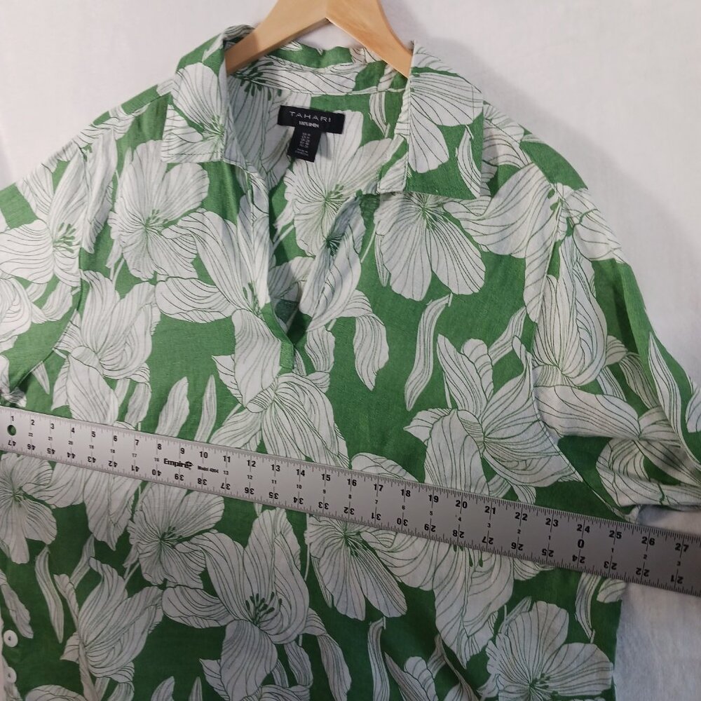 TAHARI,  1X, Linen, Green/White Floral Print Tunic Top, V Neck, Full Cut Beachy - Picture 7 of 14